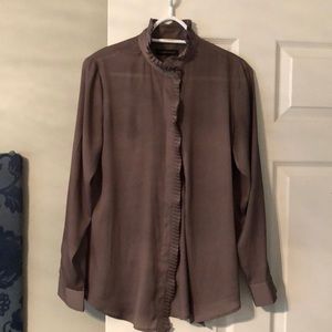 Womens taupe button up blouse with pleated fringe detailing